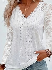 baratos Tops de Renda-Mulheres Blusa Tops de renda Renda Patchwork Tecido Ativo à moda Manga Longa Decote V Tops regulares Diário Feriado Para Noite Branco Rosa Vinho Azul Claro Verão Primavera