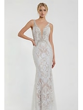 cheap Wedding Dresses-Beach Wedding Beach Open Back Sexy Boho Wedding Dresses Mermaid V Neck Sleeveless Court Train Lace Bridal Gowns With Appliques