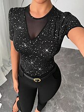 ieftine tricou simplu-Pentru femei Tricou Paiete Plasă Modă fierbinte Sexy Manșon scurt Stil Nautic Rotund Topuri obișnuite Ieșire Sfârșit de săptămână Ținute de petrecere Negru Vară Primăvară