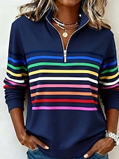 abordables Sudaderas a Rayas y Geométricas-Mujer Sudadera Retazos Estampado Cremallera de un cuarto Plano A Rayas Elegante Cálido Clásico Manga Larga Escote en Pico Tops regulares Casual Hogar Trabajo Verde Trébol Azul Oscuro Gris Otoño