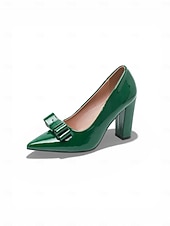  Women's Green Patent Leather Block Heel Pumps, Classic Bow Detail Dress Shoes for St. Patrick's Day Party
