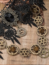 お買い得  アクセサリー-ウィメンズ マルディグラ ブラック レース スチームパンク チョーカーネックレスとブレスレットセット - ゴシックコスプレ、カーニバル、ハロウィンコスチューム用の合金ギアと時計ペンダント