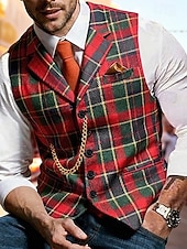  Per uomo Gilet Vacanza Carnevale Feste Moda Casual Primavera Autunno Tasca Bottoni Poliestere Confortevole Plaid Monopetto Un Bottone Bavero Vestibilità regolare Rosso scuro Rosso Gilet