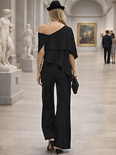 cheap Mom's Jumpsuits-Jumpsuits Floor Length Mother of the Bride Dress Short Sleeve Off Shoulder Elegant Formal Wedding Guest Wedding Party Chiffon with Ruffles