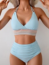 preiswerte Bikini-Sets-Damen Badeanzug Zweiteilig Freche Unterhose Bademode Gerafft Rückenfrei Urlaub Strandbekleidung Einfach Neckholder Ärmellos Badeanzüge
