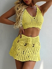 preiswerte Bikini-Sets-Damen Bikini 2-teiliges Badeanzug Rock Strick Rücklos Urlaub Strandbekleidung Einfarbiger Halter-Ausschnitt Ärmelloses Badeanzug