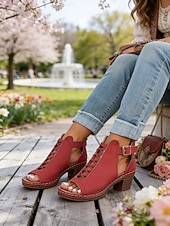 voordelige Hakken Sandalen-Rode damessandalen met dikke hak en ritssluiting, opengewerkt ontwerp, perfect voor tuinfeesten en casual gelegenheden.