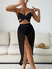 preiswerte 3-teiliges Bikini-Set-Damen Bikini 2-teiliges Schwimmbad Rock Slim Rückensfrei Urlaub Strandbekleidung Einfarbig Halterneck Ärmellose Badeanzüge