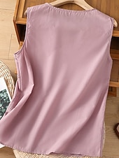 Недорогие Основные искусственные рубашки-Жен. Летние вершины Блуза Искусственный хлопок и лен Рюши Пэчворк Вышивка Сплошной цвет Элегантный стиль Дамы Стиль Без рукавов U-образный вырез Обычные топы Повседневные Офис На выход