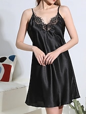 tanie Jednoczęściowe piżamy (kombinezony) damskie-Damskie Koszula nocna Codzienny Miękkie Satynowe Czyste kolory Koronka Odkryte plecy Sukienka Codzienny Dom Łóżko Bez rękawów Paski Błękit jeziora Czarny Biały Rumiany róż Czerwony Lato Luźna