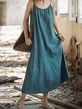 cheap Premium Linen Collection-Women's Midi Dress Cotton Linen Dresses Shift Dress Sundress Slip Dress Vintage Fashion Daily Outdoor Vacation Loose Fit Plain Sleeveless Straps Blue Teal White Yellow Summer Spring