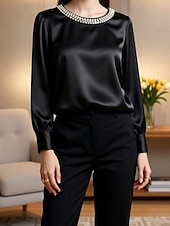 baratos Tops e partes de baixo de dormir para mulher-Mulheres Blusa Tops elegantes Franzido Patchwork Com Miçangas Côr Sólida Tecido Elegante senhoras à moda Manga Longa Gola Redonda Tops regulares Diário Trabalho Para Noite Preto Branco Verde Damasco