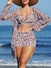 Χαμηλού Κόστους Σετ μπικίνι 3 τεμαχίων-Γυναικείο Μπικίνι 3 Τεμαχίων Μαγιό Σορτς Slim Χωρίς Πλάτη Διακοπές Παραλία V Λαιμός Αμάνικο Μαγιό