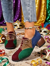 billige Damesko-Flerfargede oxfordsko med blokkhæl til dame – retro pumps med snøring i fargeblokker for karnevalskostymer, klovner og funky hverdagsklær