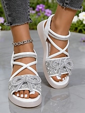 voordelige Vrouwen-Zwarte platte sandalen met enkelbandje en strasssteentjes voor dames - sprankelende, met juwelen versierde sandalen met open neus, stijlvolle en comfortabele sandalen voor elke dag.