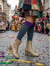 お買い得  女性の靴-ウィメンズ マルディグラ ピンク グリッター 膝丈ブーツ ブロックヒール付き - きらめく、大胆なファッションステートメント、カーニバル、フェスティバル、コスチュームパーティーに最適