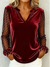 abordables Camiseta lisa-Año Nuevo Mujer Terciopelo A Lunares Elegante Vintage Manga Larga Escote en Pico Tops regulares Diario Invitado a la boda Festivos Azul Piscina Negro Rosa Vino Dorado Otoño Invierno