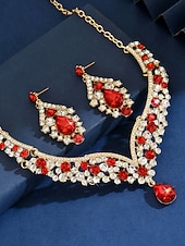 preiswerte Hochzeit ACC-Rotes Kristall-Halsketten-, Ohrring- und Armband-Set für Damen, goldfarbener Strass-Statement-Schmuck, eleganter Glamour-Stil für Partys &amp;Abendveranstaltungen