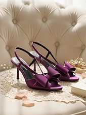 رخيصةأون ضيف حفل الزفاف-حذاء بكعب عالٍ مفتوح من الخلف مزين بفيونكة من الساتان باللون الأرجواني للنساء - حذاء أنيق لحفلات الزفاف في الحديقة، مثالي لحفلات العشب الخارجية وفعاليات الربيع والصيف