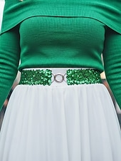 baratos Dia de São Patricio-Cinto feminino de lantejoulas, em poliéster elástico, disponível em várias cores, perfeito para o Dia de São Patrício, carnaval e uso diário.