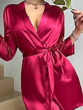 economico Camicie da notte e pigiami da donna-Per donna Camicia da Notte Casual Morbido Raso Colore Puro Allacciato Quotidiano Casa Da letto Manica Lunga Scollo a V Nero Bianco Champagne Rosa Rosso Estate Vestibilità comoda