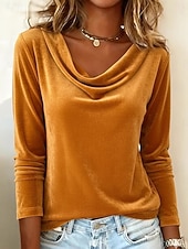 preiswerte Einfarbiges T-Shirt-Damen Samt Geschichtet Elegant Stilvoll Basic Langarm Wasserfallausschnitt Normale Oberteile Blau Schwarz Gelb Wein Grün Frühling Herbst Winter