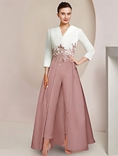 preiswerte Overalls für Mütter-Zweiteilig Overall Hosenanzug Knöchellänge Brautmutterkleid Dreiviertelarm V Ausschnitt Elegant Party Formell Hochzeitsgast Krepp Spitze mit Applikationen Farbblock