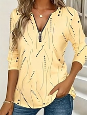 billiga Randig och geometrisk t-shirt-Dam T-shirt Dragkedja Mönster Grafisk Geometrisk Vintage Mode Stylish Långärmad Rund hals V-hals Vanliga toppar Dagligen Blå Vit Gul Rodnande Rosa Rubinrött Vår Höst Vinter