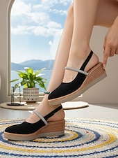 preiswerte Keilsandalen-Schwarze Slingback-Keilsandalen für Damen – bequeme Espadrille-Sandalen mit Strassriemen, perfekt für Urlaub, Strand und lässige Sommerausflüge