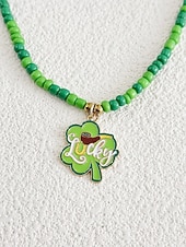 levne Příslušenství-Dámský náhrdelník s trojlístkem ze slitiny a akrylu s různými styly přívěsků, zelené korálky, ideální na Den svatého Patrika i na každodenní nošení