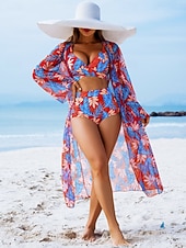 economico Set bikini 3 pezzi-Costume da bagno tre pezzi bikini da donna palme controllo della pancia snella senza schienale abbigliamento da spiaggia floreale foglie scollatura a V senza maniche