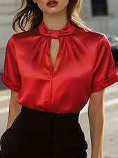 preiswerte Schicke Blusen-Damen Hemd Elegant Satin-Top Bluse Gerafft Patchwork Drapiert Einfarbig Einfach Elegant Vintage Täglich Kurzarm Hoher Ausschnitt Normale Oberteile Täglich Arbeit Ferien Schwarz Rote Grün Beige