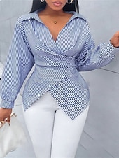 preiswerte Streifen- und geometrische Blusen-Damen Bluse Elegante Oberteile Gerafft Knöpfe Druck Einfach Gestreift Elegant Vintage Täglich Langarm Hemdkragen Normale Oberteile Täglich Arbeit Ferien Schwarz Rosa Himmelblau Grün Sommer Frühling