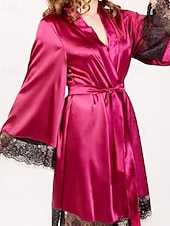 billiga Onesies till damer-Dam Morgonrock Ledigt Mjukt Satin Ren färg Spets Dagligen Hem Säng Långärmad V-hals Silver Svart Vit Rodnande Rosa Vin Sommar Vår Lös passning