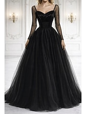cheap Long Dresses &amp; Gowns-Ball Gown Floor Length Prom Dresses Elegant Vintage Silky Long Sleeve Sweetheart Prom Wedding Satin Tulle with Glitter