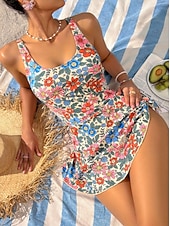 cheap One-piece swimsuits-Women's One Piece Swimsuit Monokini Skirt Tummy Control High Waist Slim Backless Vacation Vintage Floral Graphic U Neck Sleeveless Bathing Suits
