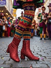 お買い得  女性の靴-ウィメンズ マルディグラ ピンク グリッター 膝丈ブーツ ブロックヒール付き - きらめく、大胆なファッションステートメント、カーニバル、フェスティバル、コスチュームパーティーに最適