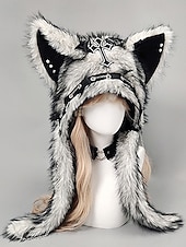 levne Příslušenství-Dámská punková kožišinová čepice s kočkou na Mardi Gras v několika barvách trendy design s křížovými detaily perfektní pro karneval a maškarní plesy
