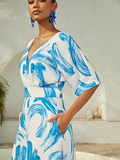 Недорогие повседневное платье-атласное синее платье макси с принтом мазков кисти для повседневного отпуска и путешествий