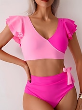 Χαμηλού Κόστους Σετ μπικίνι-Γυναικεία Μαγιό 2 κομμάτι Προκλητικό Μαγιό Σουρωτά Κουρελού Εξώπλατο Διακοπές Ρούχα παραλίας Συνδυασμός Χρωμάτων Λαιμόκοψη V Αμάνικο Μαγιό