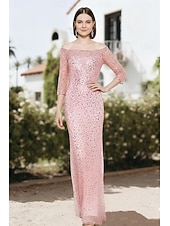 cheap Sheath Evening Dresses-Sheath Column Floor Length Formal Dresses Evening Gown Evening Gown Elegant Sparkle 3/4 Length Sleeve Off Shoulder Wedding Valentine's Day Sequined with Sequin
