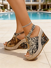 cheap Wedge Sandals-Women's Floral Print Wedge Sandals – Stylish Buckled Open-Toe Platform Shoes with Espadrille Jute Sole, Comfortable Summer Footwear for Poolside, Vacation and Outdoor Events