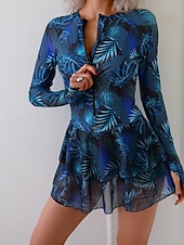 billiga Tankinis-Dam Badkläder Tankini 2 st Kjol Baddräkt Magkontroll Hög midja Smal Elegant Semester Blommig Rund hals Långärmad Baddräkter