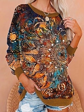 お買い得  ボヘミアントップス-女性用 プルオーバースウェットシャツ プリント グラフィック トライバル ファッション カジュアル 長袖 クルーネック レギュラートップス ストリート 日常着 ブラウン 秋 冬