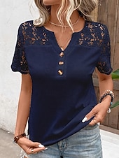abordables Tops de Encaje-Mujer Blusa Tops de encaje Encaje Retazos Botones Plano Casual Manga Corta Escote en Pico Tops regulares Diario Festivos Noche Azul Marino Verano Primavera