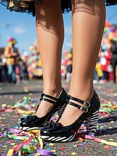 baratos Sapatos femininos-Sapatos Elegantes de Salto Chunky com Fivela em Laço de Carnaval Diário Femininos de Mardi Gras em Preto Branco e Amarelo com Bico Redondo