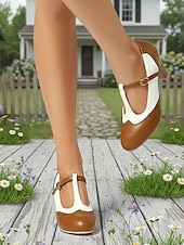 economico Retrò anni ’50-scarpe con tacco a T da donna in stile retrò anni '50, marroni e bianche, con dettagli brogue e chiusura con fibbia: scarpe mary jane vintage per ufficio, feste in giardino ed eventi a tema retrò