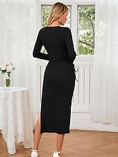 cheap Women-Women's long sleeve square neck waist pleat one side slit ribbed long dress