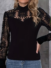 tanie Koronkowe topy-Damskie Bluzka Bluzki koronkowe Koronka Niejednolita całość Równina Zabytkowe Elegancki Długi rękaw Wysoki Zwykłe topy Codzienny Święto Wyjściowe Czarny Lato Jesień