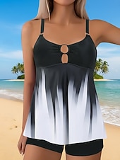 お買い得  タンキニ-ウィメンズ タンキニ 2ピース 水着 ショーツ お腹引き締め ハイウエスト スリム バックレス バケーション ビーチウェア グラデーション Uネック ノースリーブ 水着